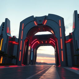 Realistic depiction of a futuristic grand gateway, featuring sleek and modern design elements, with smooth metallic surfaces and vibrant neon lights