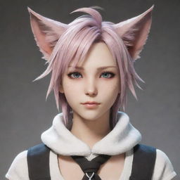 Generate an image of a Miqo'te, a fictional humanoid character species from the 'Final Fantasy' series. They should have distinctive cat-like features, including long tails and ears, with expressive and vividly colored eyes.