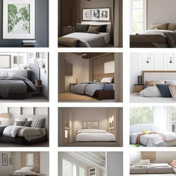 An array of bedroom designs showcasing a variety of styles including rustic, contemporary, chic, minimalistic, and classic, each with distinct colors, lines, and furniture.