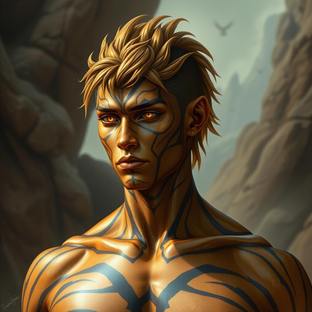 A male Earth Genasi with skin resembling a tiger's eye gemstone, featuring a rocky texture banded with gold, brown, and black stripes that have a reflective sheen