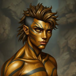 A male Earth Genasi with skin resembling a tiger's eye gemstone, featuring a rocky texture banded with gold, brown, and black stripes that have a reflective sheen