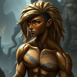 A male Earth Genasi with skin resembling a tiger's eye gemstone, featuring a rocky texture banded with gold, brown, and black stripes that have a reflective sheen