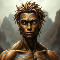 A male Earth Genasi with skin resembling a tiger's eye gemstone, featuring a rocky texture banded with gold, brown, and black stripes that have a reflective sheen