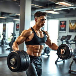 A health enthusiast in a modern, spacious gym lifting weights with focus and determination