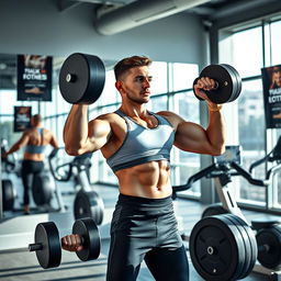 A health enthusiast in a modern, spacious gym lifting weights with focus and determination