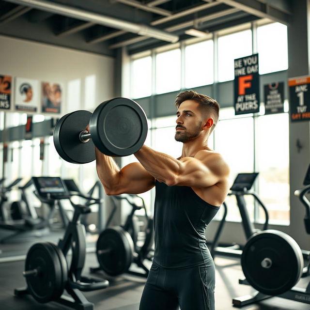 A health enthusiast in a modern, spacious gym lifting weights with focus and determination