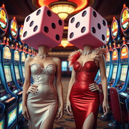 Two ladies with dice-shaped heads standing between slot machines, styled in retro fashion