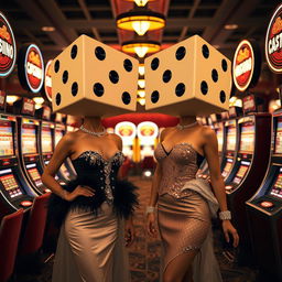 Two ladies with dice-shaped heads standing between slot machines, styled in retro fashion