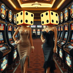 Two ladies with dice-shaped heads standing between slot machines, styled in retro fashion