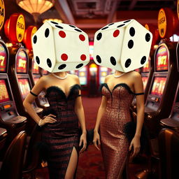 Two ladies with dice-shaped heads standing between slot machines, styled in retro fashion