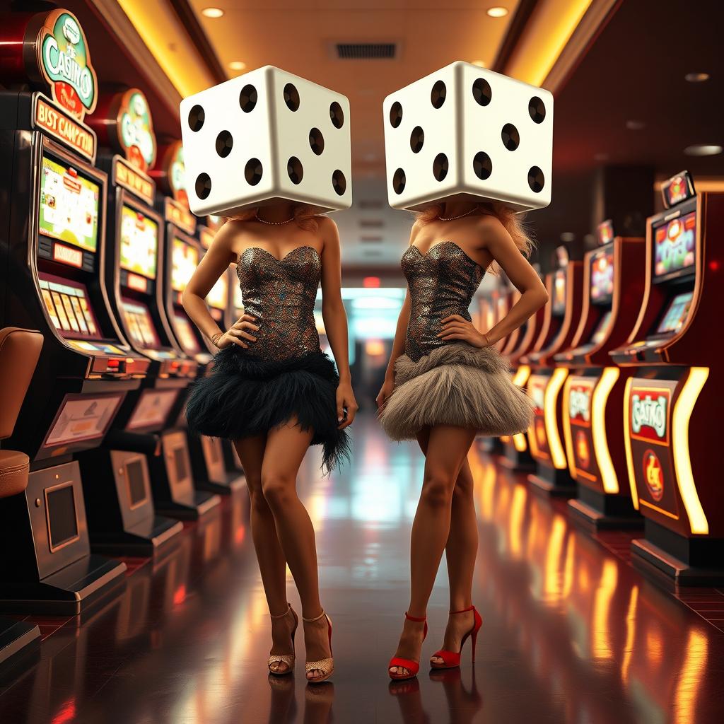 A full body view of two ladies with dice-shaped heads standing between slot machines, styled in retro fashion