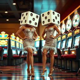 A full body view of two ladies with dice-shaped heads standing between slot machines, styled in retro fashion