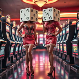 A full body view of two ladies with dice-shaped heads standing between slot machines, styled in retro fashion