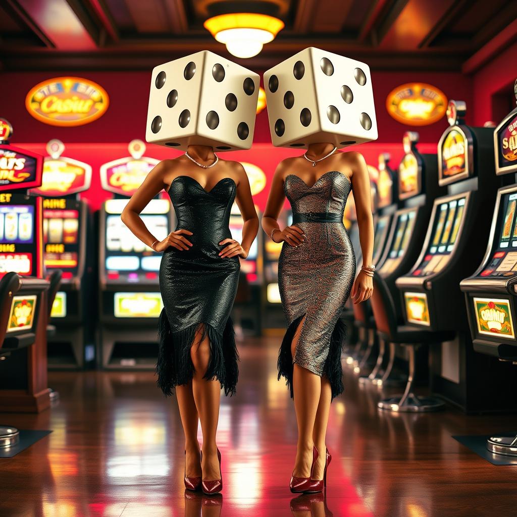 A full body view of two ladies with dice-shaped heads standing between slot machines, styled in retro fashion