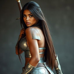 A captivating 20-year-old Brazilian female swordsman, showcasing striking hourglass curves with a strong, muscular butt and full, firm breasts, accentuated by a slim, toned tummy