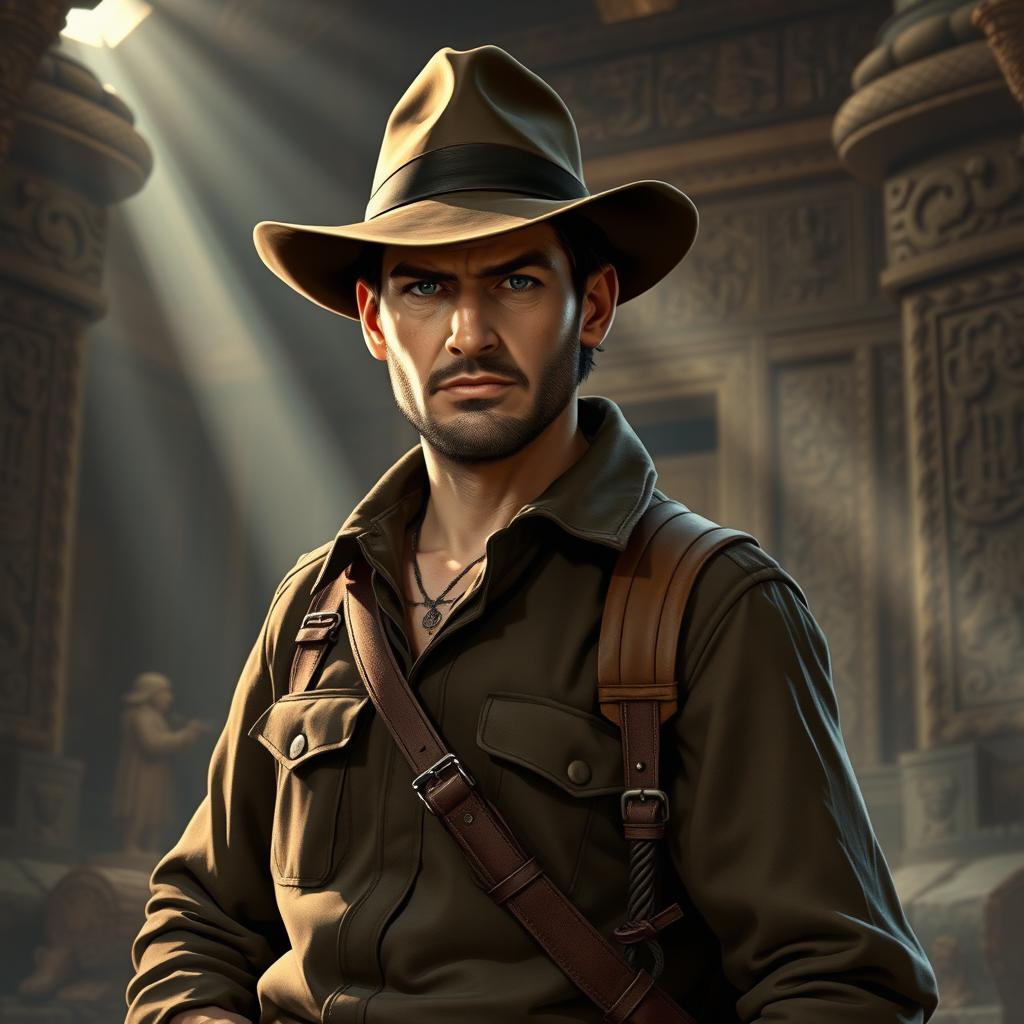 A rugged and adventurous RPG character inspired by Indiana Jones