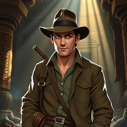 A rugged and adventurous RPG character inspired by Indiana Jones