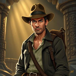 A rugged and adventurous RPG character inspired by Indiana Jones