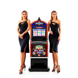 Full body view of two elegant casino ladies wearing stylish black dresses, standing on either side of a slot machine centered on a white background