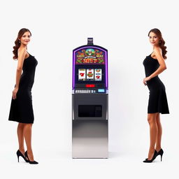 Full body view of two elegant casino ladies wearing stylish black dresses, standing on either side of a slot machine centered on a white background