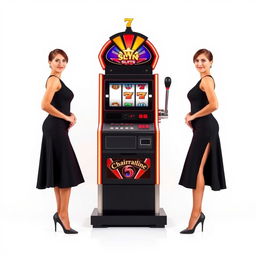 Full body view of two elegant casino ladies wearing stylish black dresses, standing on either side of a slot machine centered on a white background