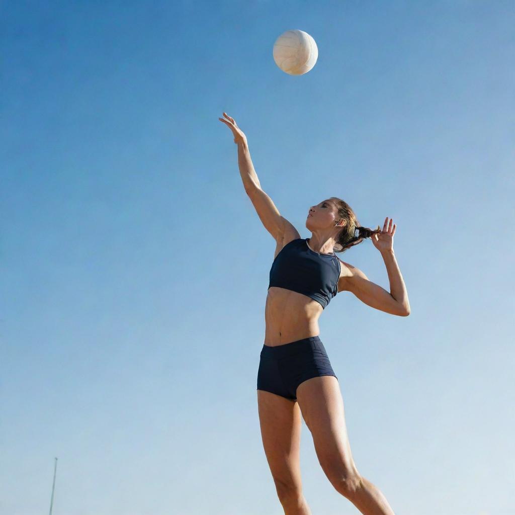 An athletic figure launching in mid-air, preparing to strike a volleyball with power and precision against a clear sky backdrop.