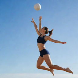 An athletic figure launching in mid-air, preparing to strike a volleyball with power and precision against a clear sky backdrop.