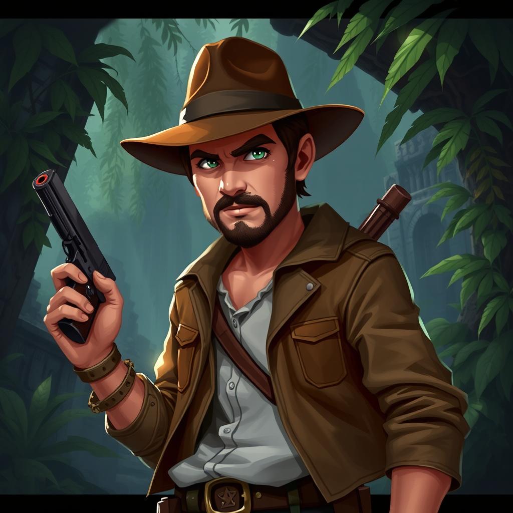 A 2D RPG character inspired by Indiana Jones, designed for a video game