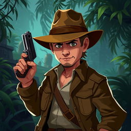 A 2D RPG character inspired by Indiana Jones, designed for a video game