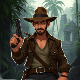 A 2D RPG character inspired by Indiana Jones, designed for a video game