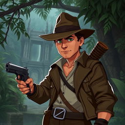 A 2D RPG character inspired by Indiana Jones, designed for a video game