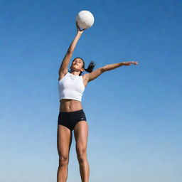 An athletic figure launching in mid-air, preparing to strike a volleyball with power and precision against a clear sky backdrop.