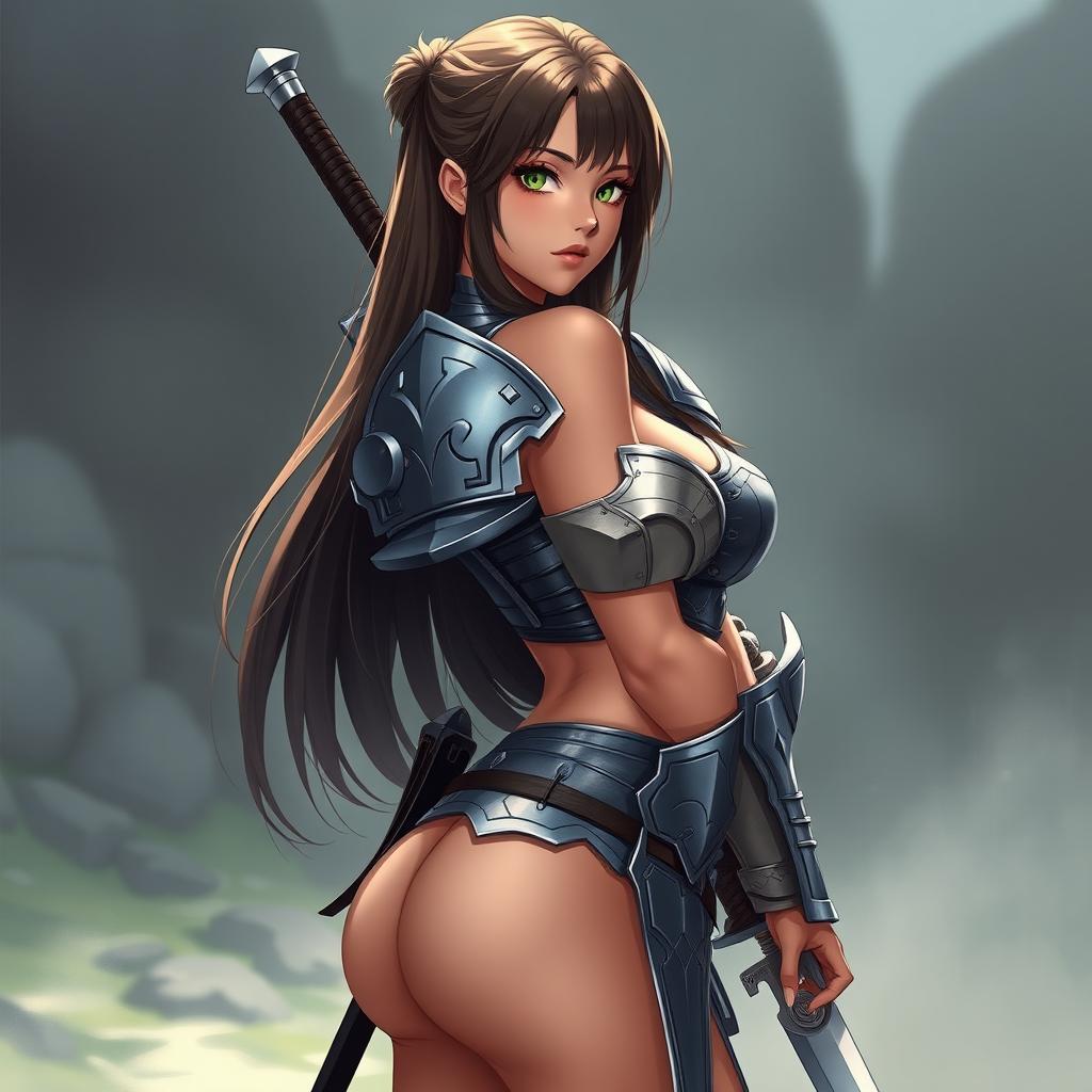 A 20-year-old female Brazilian swordsman with incredible hourglass curves, featuring a big firm muscular butt and large, firm breasts, complemented by a slim tummy