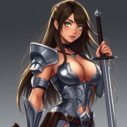 A 20-year-old female Brazilian swordsman with incredible hourglass curves, featuring a big firm muscular butt and large, firm breasts, complemented by a slim tummy