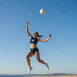 An athletic figure launching in mid-air, preparing to strike a volleyball with power and precision against a clear sky backdrop.