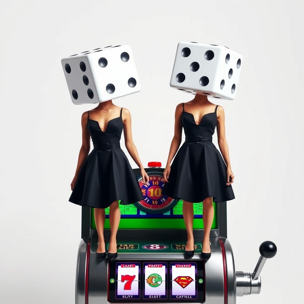 Surreal full body view of two dice-headed casino ladies, each wearing a stylish black dress, standing atop a vibrant slot machine