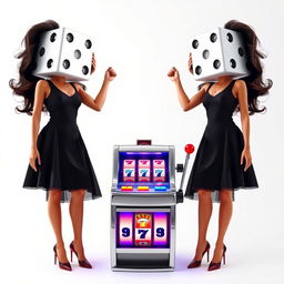 Surreal full body view of two dice-headed casino ladies, each wearing a stylish black dress, standing atop a vibrant slot machine