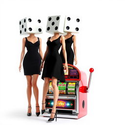 Surreal full body view of two dice-headed casino ladies, each wearing a stylish black dress, standing atop a vibrant slot machine