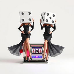 Surreal full body view of two dice-headed casino ladies, each wearing a stylish black dress, standing atop a vibrant slot machine