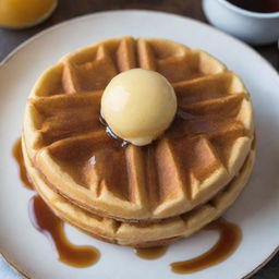 A waffle that looks like it's worth 10 dollars, golden and crispy edges, fluffed with steam escaping, topped with melty butter and drizzled with real maple syrup.