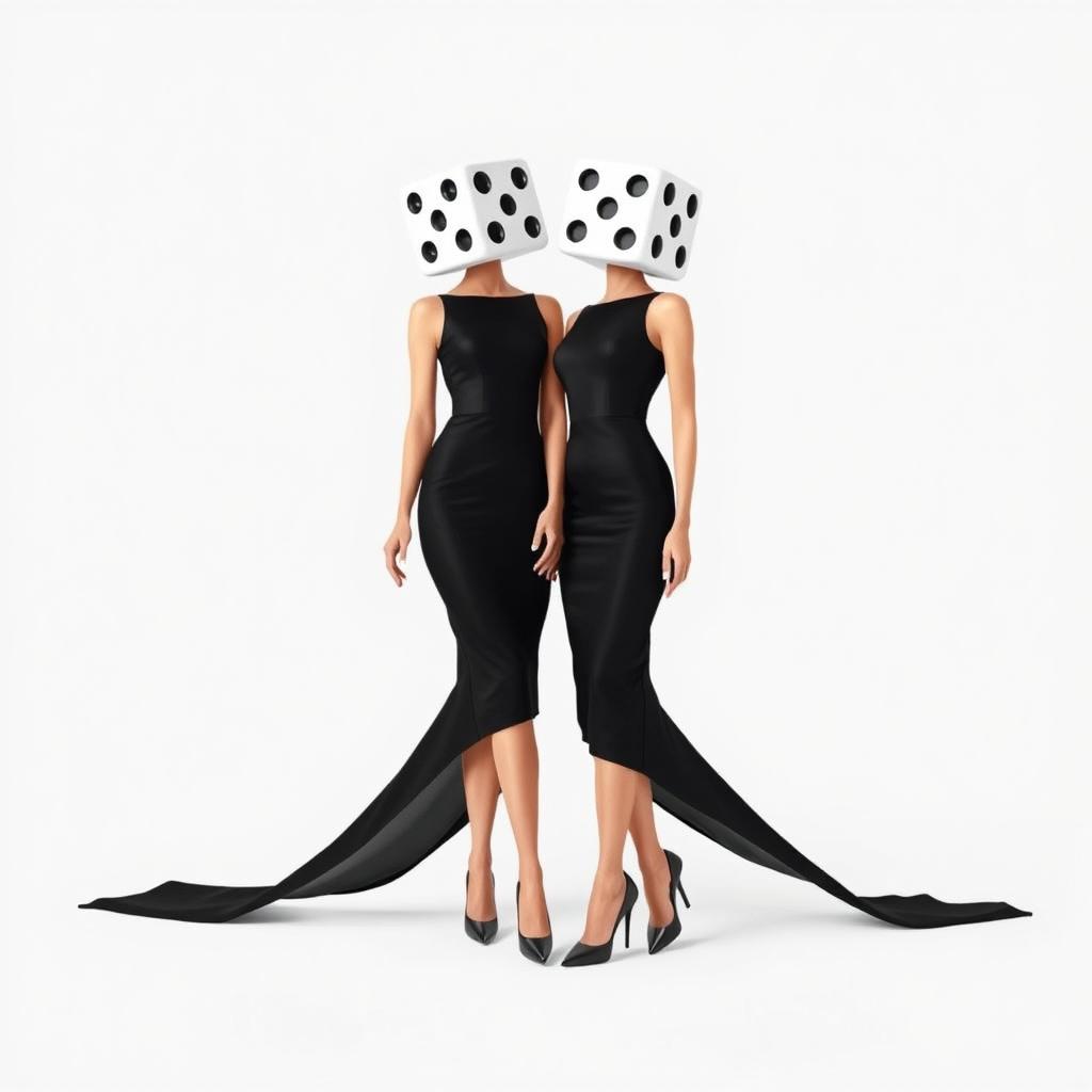 Surreal full body view of two dice-headed casino ladies, each elegantly dressed in a sleek black dress, set against a white background