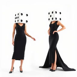 Surreal full body view of two dice-headed casino ladies, each elegantly dressed in a sleek black dress, set against a white background