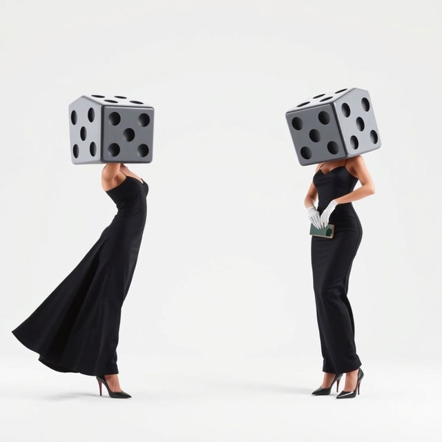 Surreal full body view of two dice-headed casino ladies, each elegantly dressed in a sleek black dress, set against a white background