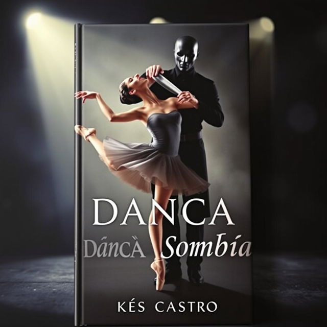 a captivating book cover titled 'Dança Sombria' by Kes Castro featuring a dramatic scene of a masked man dressed in black holding a knife to the neck of a graceful ballerina who is elegantly dancing