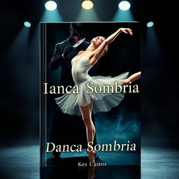 a captivating book cover titled 'Dança Sombria' by Kes Castro featuring a dramatic scene of a masked man dressed in black holding a knife to the neck of a graceful ballerina who is elegantly dancing