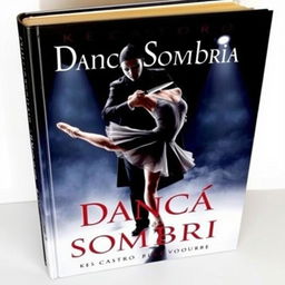 a captivating book cover titled 'Dança Sombria' by Kes Castro featuring a dramatic scene of a masked man dressed in black holding a knife to the neck of a graceful ballerina who is elegantly dancing