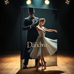 a captivating book cover titled 'Dança Sombria' by Kes Castro featuring a dramatic scene of a masked man dressed in black holding a knife to the neck of a graceful ballerina who is elegantly dancing