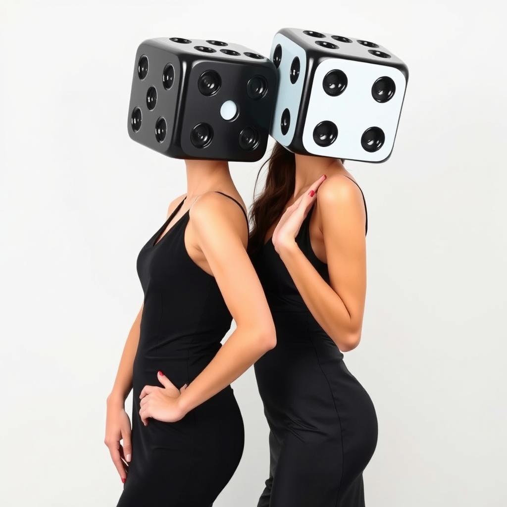 Full body view of two dice-headed casino ladies posing with the elegance and poise of professional photo models