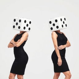 Full body view of two dice-headed casino ladies posing with the elegance and poise of professional photo models