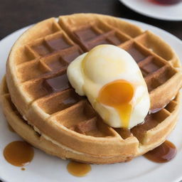 A waffle that looks like it's worth 10 dollars, golden and crispy edges, fluffed with steam escaping, topped with melty butter and drizzled with real maple syrup.